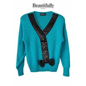 VTG 1980s Beautifully Mine Silk‎ Angora Sweater S Teal Sequin Bow Romantic Retro